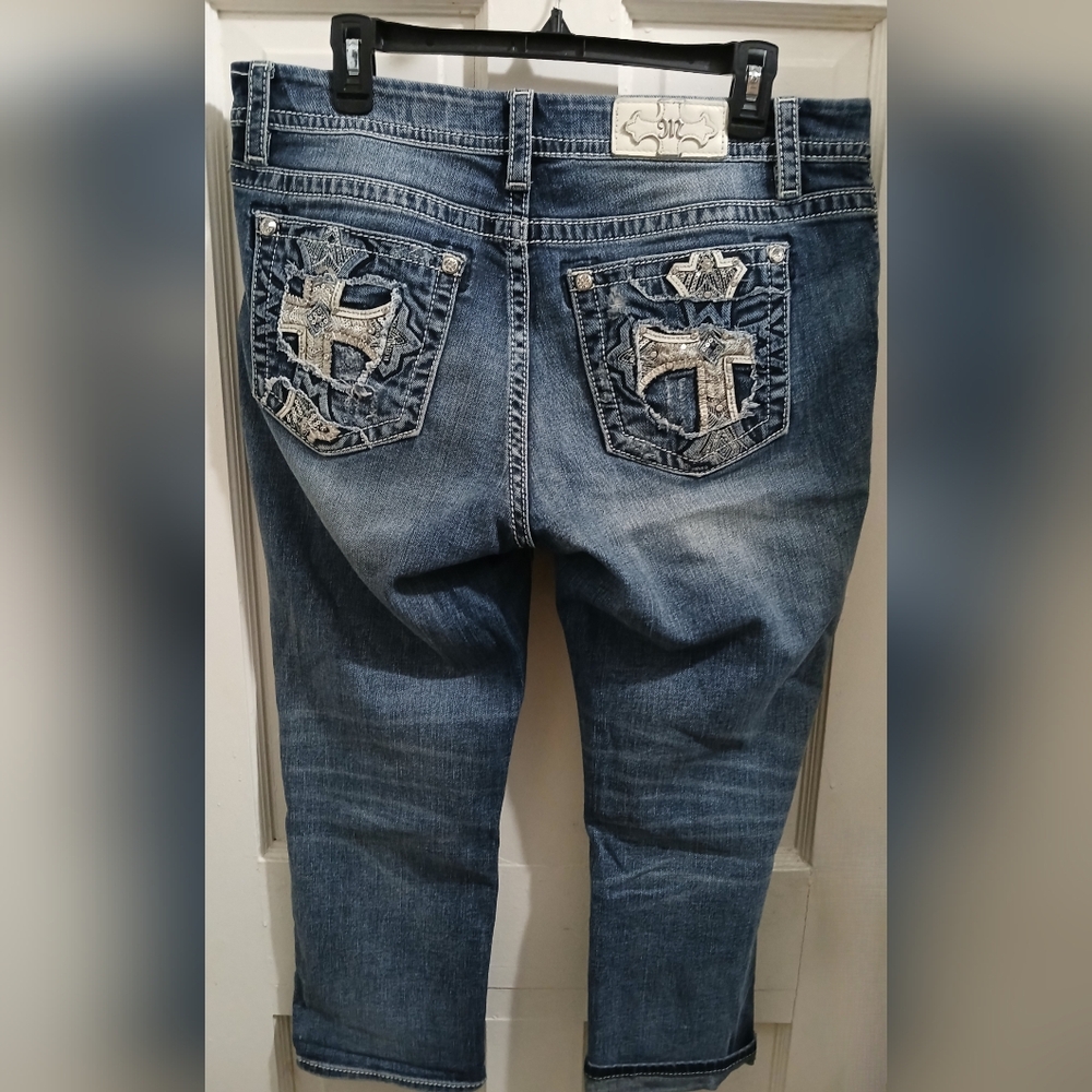 Miss Me Style# 83154EFC Cropped Jeans with Silver Cross Bling Embellishments, 32